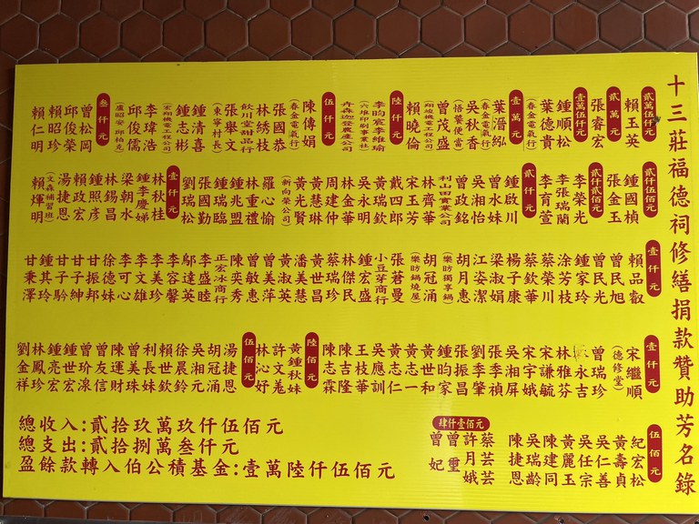 十三庄福德祠修繕捐款芳名錄 十三庄福德祠修繕捐款贊助芳名錄